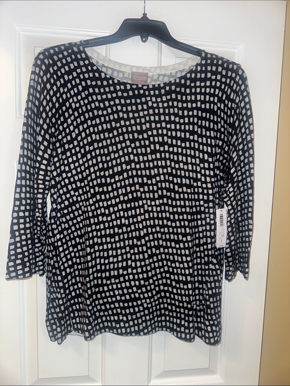 NWT Chico's Black and White Geometric Boat Neck 3/4 Sleeve Sweater - Size 2